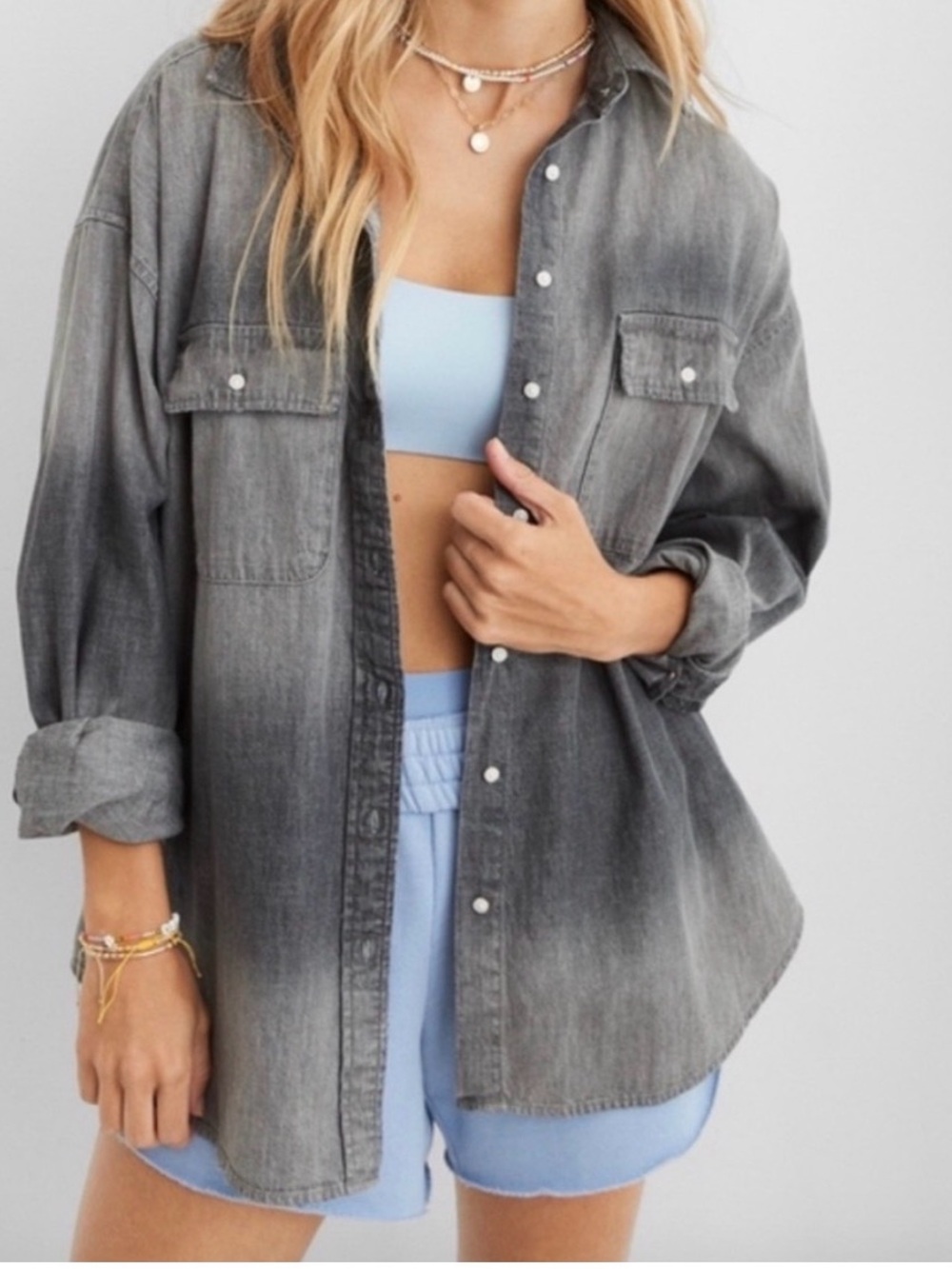 Aerie Anytime Fave Shirt Oversized Chambray Button Down in Faded Ombré Gray Sz M